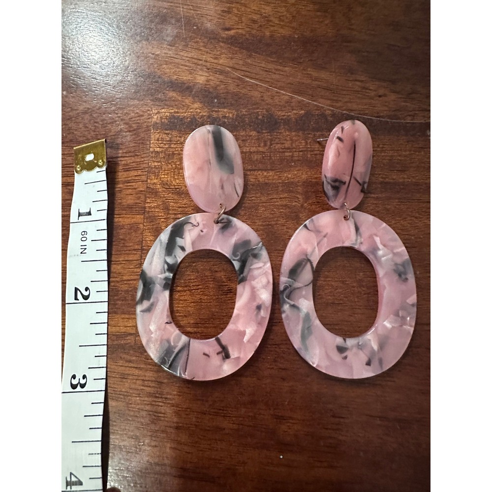 Statement Drop Dangle Earrings Pink Marbleized Oval Circle Mod Fashion